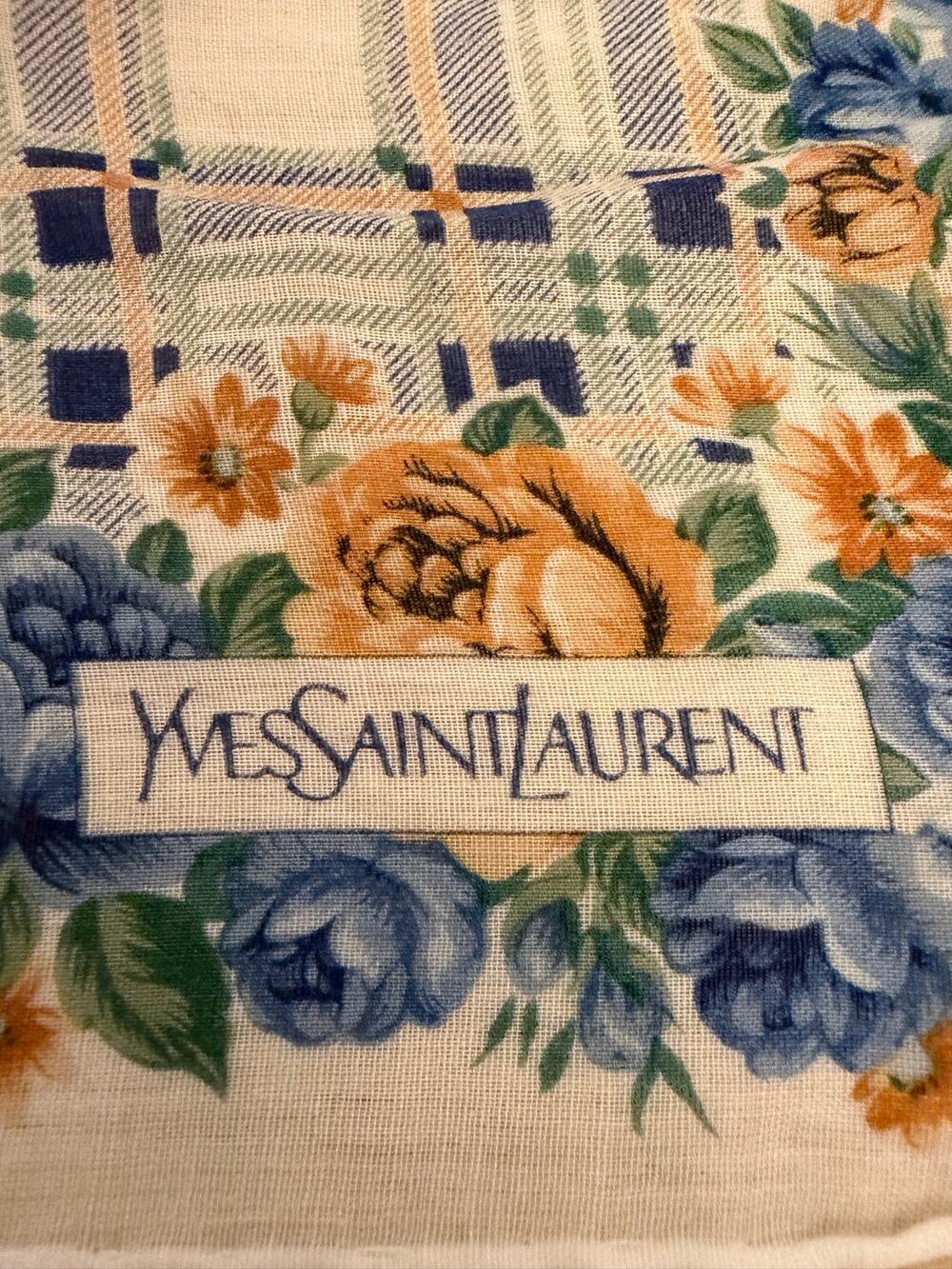 Yves Stain Laurent Scarf 15.5x15” in multi colored floral pattern over plaid